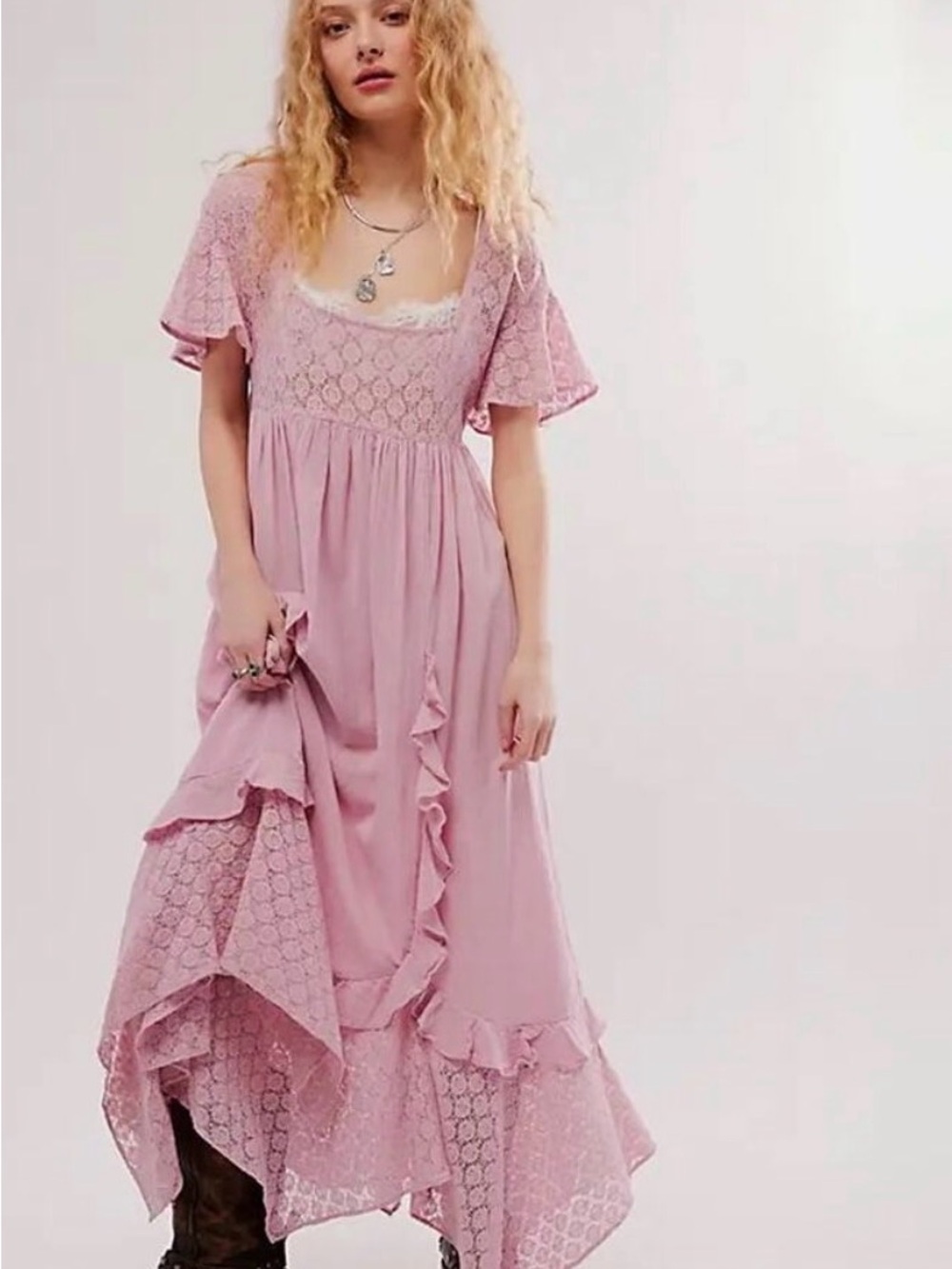 Free People Ethereal Bohemian Bring The Romance Midi Maxi Dress Pink Medium